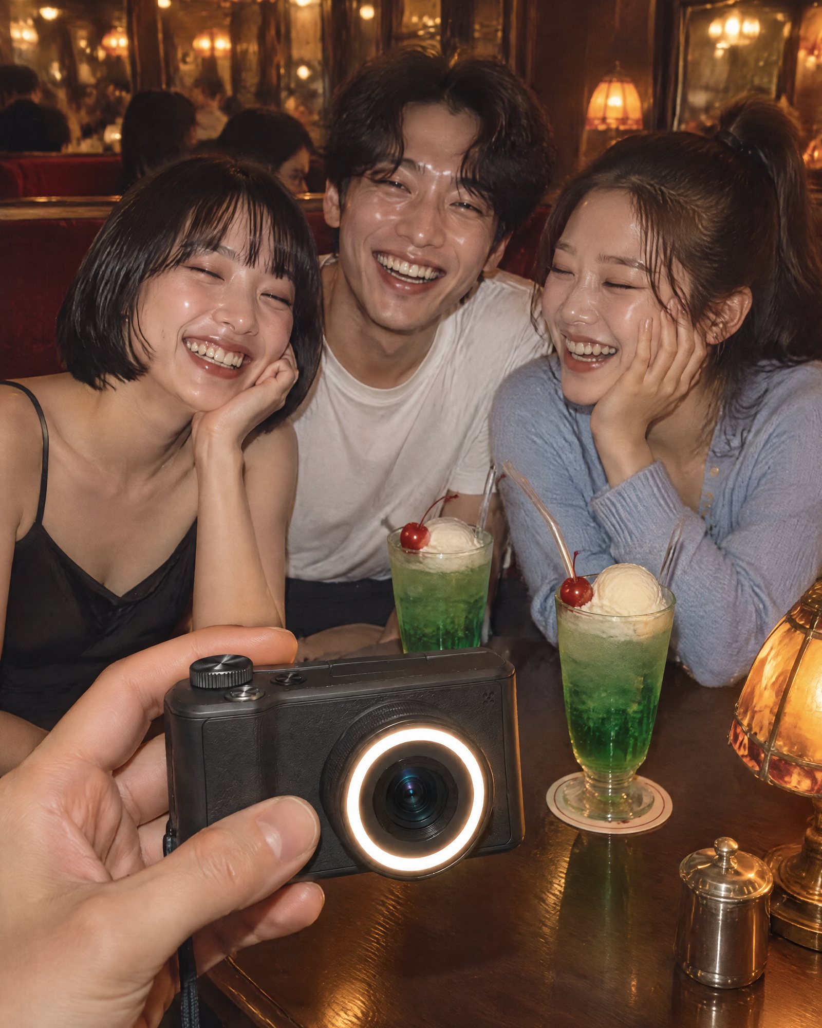 Friends taking a photo at night with the ring light camera